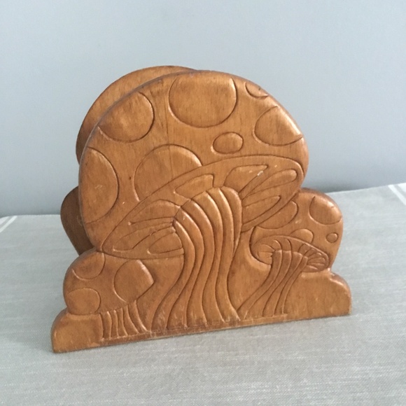 1970’s Mushroom Napkin Envelope Napkin Holder Wooden Vintage - Picture 2 of 5
